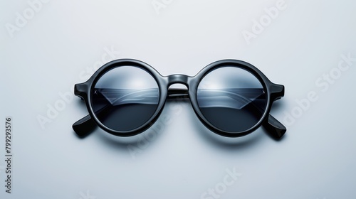 Fashionable sunglass meticulously positioned in a symmetrical layout, top view on an immaculate white backdrop