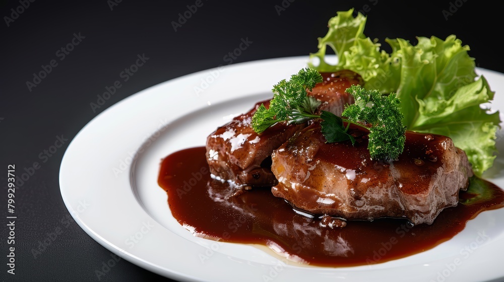 Gourmet dish featuring meat draped in rich sauce, served on a pristine white plate with a fresh lettuce garnish, set against a stark black backdrop Gourmet dish featuring meat draped in rich sauce, served on a pristine white plate with a fresh lettuce garnish, set against a stark black backdrop
