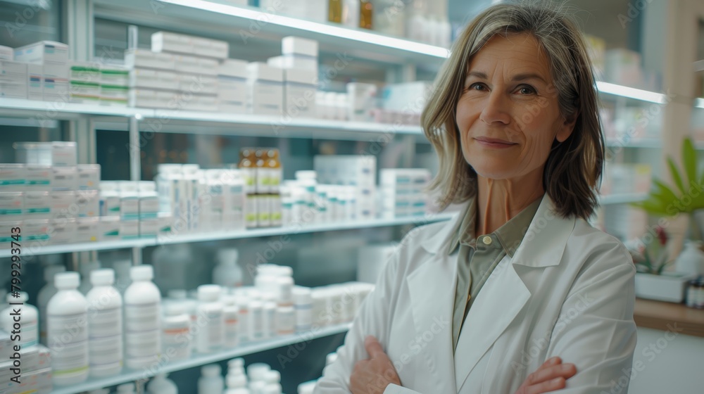 Portrait of senior woman, pharmacist, and arms crossed for healthcare, medicine, or entrepreneurship at store. Pharmacist woman, pleased and delighted for small company, service, and wellness shop
