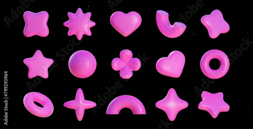 Set of 3D inflated geometric shapes, pink plastic elements for design in Y2K style. Vector 3D rendered shapes in retro futurism aesthetics.