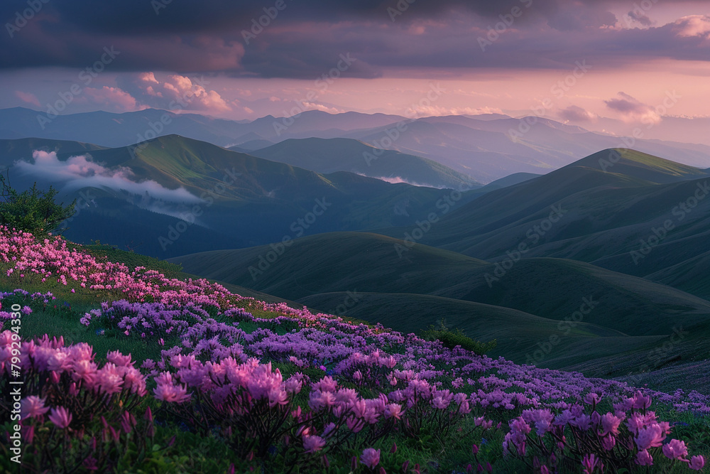 Wonderful sight with hills covered in flowers and lit up by the setting light. The Carpathian Mountains are located in Ukraine, Europe. Beautiful picture wallpaper. Wonderful sight with hills covered in flowers and lit up by the setting light. The Carpathian Mountains are located in Ukraine, Europe. Beautiful picture wallpaper.