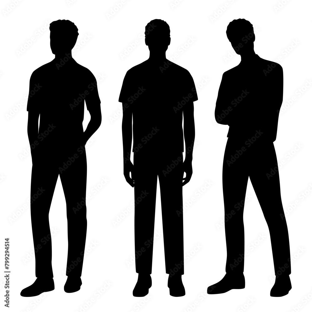 Vector silhouettes of three men standing, profile, business people, black color, isolated on white background