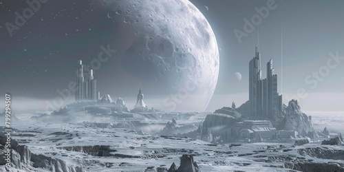 Moon, city, and future architecture for space science, astronomy, and galaxy exploration. Planet and future buildings for aerospace colony or transit landing produced by AI photo