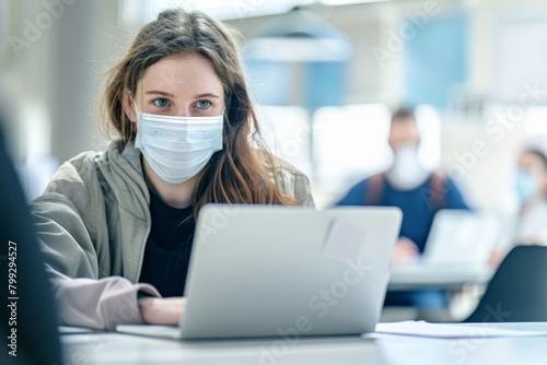 A laptop, notebook, and mask-wearing business employee at a desk working on a project. A professional lady typing company documents in the office during the pandemic.
