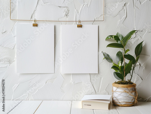 A photo shows a gold wire frame with white blank cards hanging on it, placed against a wall in front of a desk.  photo
