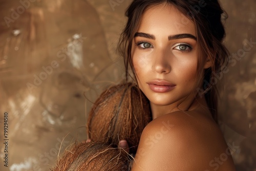 In brown background, woman, coconut, and beauty portrait for skincare, natural cosmetics, and dermatology. Studio results for headshot, organic spa product, or coconut oil face detox