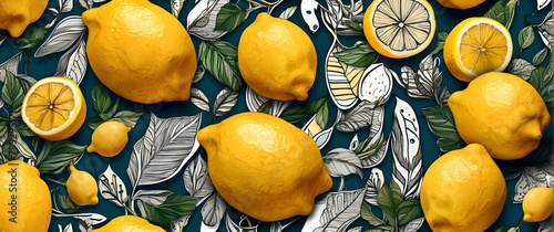 This fresh, citrus-themed image displays whole and sliced lemons with tropical leaves on a teal backdrop, evoking a feeling of freshness and vitality