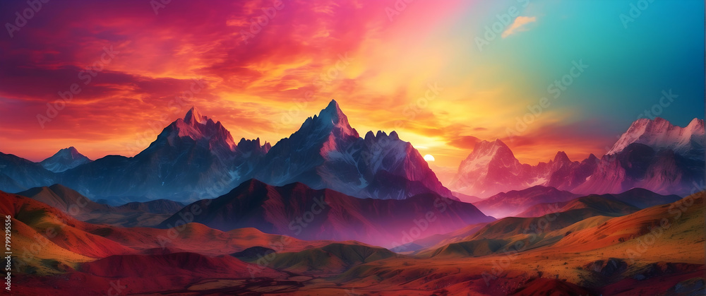 A fantastical depiction of a mountain range with a vibrant, multicolored sky suggesting a sunset or otherworldly scenery