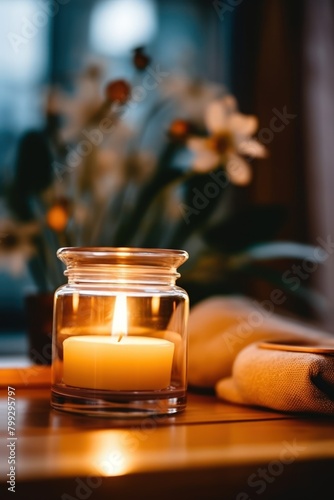 Aromatic candle burns creating coziness and relaxing atmosphere on table in spa procedure salon