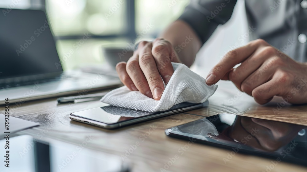 Obraz premium Closeup of man wiping his phone with a tissue to prevent office germs. Technology, hands, and man wiping cellphone screen for workplace hygiene, health, and wellness