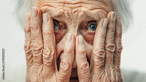 Senior woman covers face with hands, distraught over diagnosis, mental health, and shocking news. Mature female, elderly lady and emotional with stress, depression and results for fatal illness