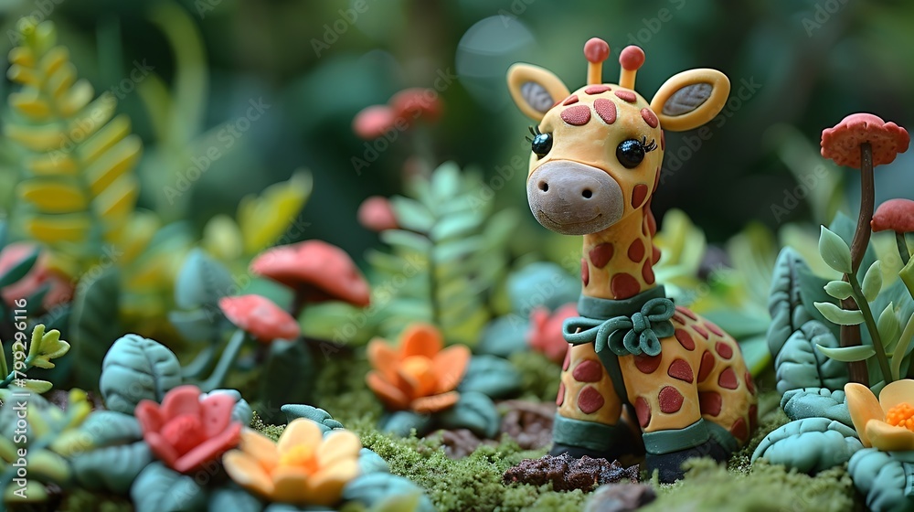 Adorable Clay Giraffe Figurine in Safari Inspired Romper Surrounded by Lush Tropical Foliage Adorable Clay Giraffe Figurine in Safari Inspired Romper Surrounded by Lush Tropical Foliage