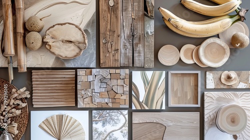 Stilvolle Naturmaterialien: Moodboard mit tropischen Holzarten und leichten Steinakzenten auf einem Holztisch photo