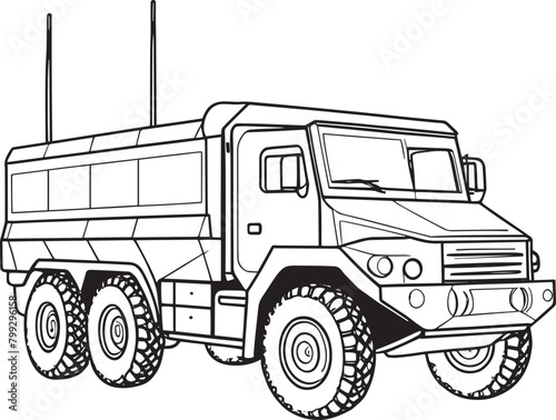 Adobe Illustrator ArtworkMilitary vehicles and Army vehicles Coloring page: black vector outlines isolated on a white background 