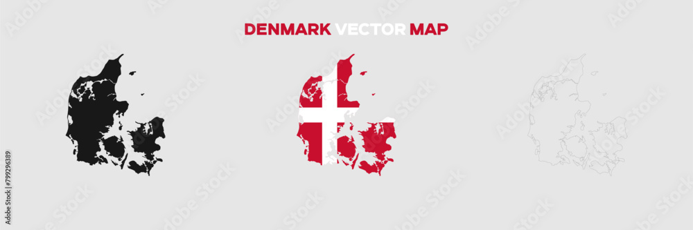 Denmark Map Vector Pack. Map with Flag. Gray Map Silhouette. Gray Outline Map. Editable EPS file. 