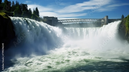 A majestic waterfall cascading down  generating clean energy through hydro power. Nature s force harnessed for a sustainable future