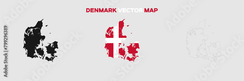 Denmark Map Vector Pack. Map with Flag. Gray Map Silhouette. Gray Outline Map. Editable EPS file. 