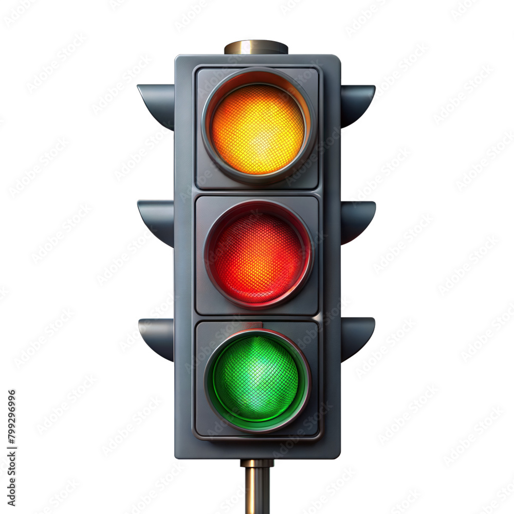 Traffic light displaying all signals on transparent background