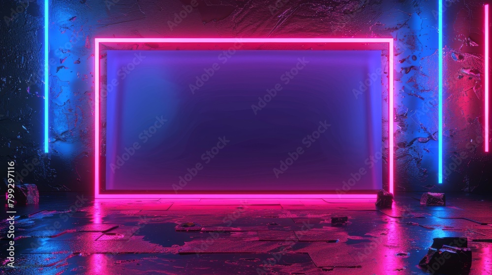 Minimalist Room With Neon Lights and Blue Square