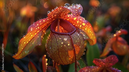 Sarracenia pitcher plant bathed in dawn's light, dew-laden, endangered treasure