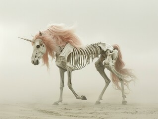 Wandcirkels Eenhoorn A skeleton of a unicorn with pink hair running through the sand. Generative AI.  © Natalia