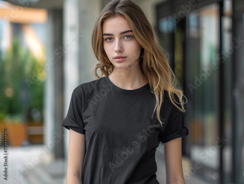 Front View Mockup Template Featuring Young Woman in Black Casual T-Shirt  Offering Clean Canvas for Print Designs  Captured with Impeccable Detail in High Definition