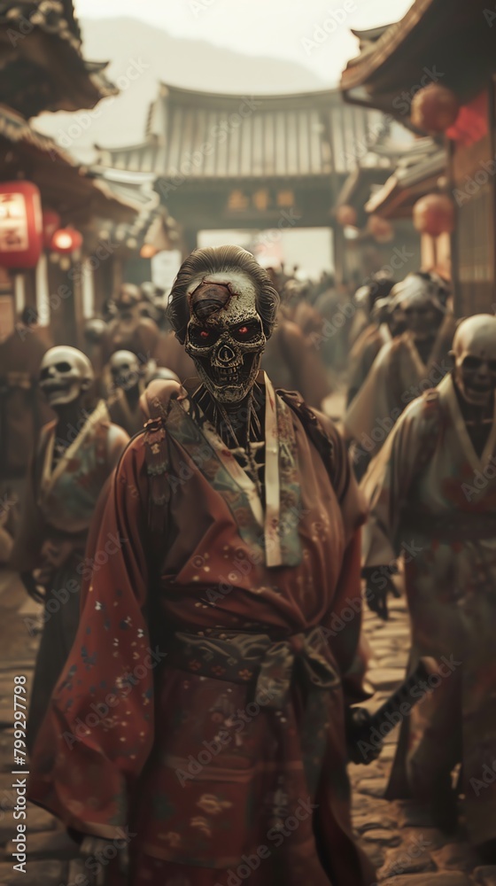 A horde of zombies walk through a destroyed city. The zombies are all wearing samurai armor.