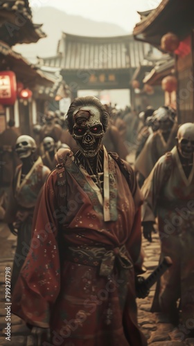 A horde of zombies walk through a destroyed city. The zombies are all wearing samurai armor.