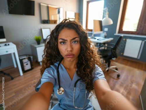 A woman in scrubs taking a selfie of herself. AI.