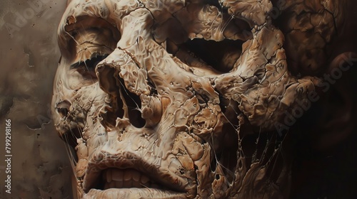 A highly detailed portrait of a human skull made of rough marble. The skull is lit from the right side of the frame. The background is dark.