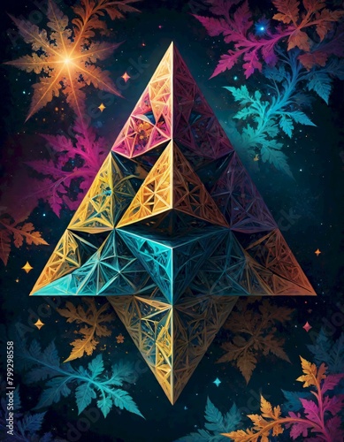 Sierpinski triangle, luminous geometric spectacle in a cascade of colors, Generative AI.