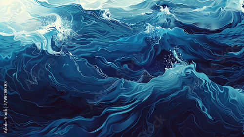 Produce an AI illustration that captures the essence of oceanic dynamism, with gradients of azure to deep navy portraying the rhythmic motion and vitality of waves in constant flux. photo