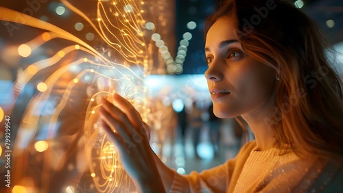 Woman interactively using touchscreen display at a modern museum or exhibition. Concept Museum Visit, Interactive Displays, Technology, Modern Experience, Cultural Exploration