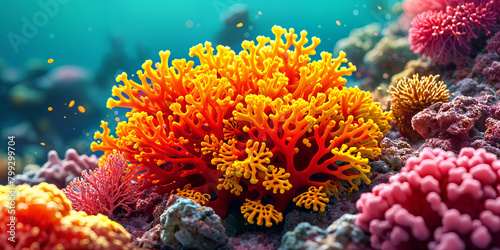 A vibrant underwater scene with a large coral reef, surrounded by various types of colorful sea creatures and plants.