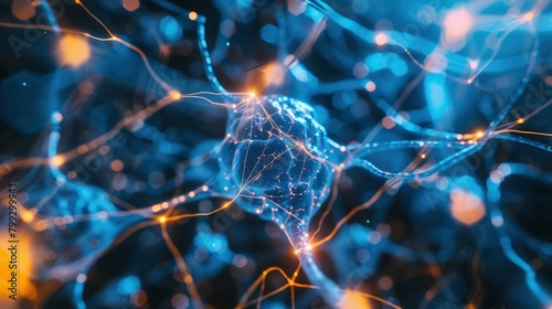 A closeup view of neurons in the brain, with glowing connections between them