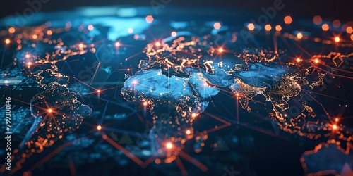 A digital map of the world with glowing connections between cities, representing global connectivity and data transfer across borders © Image
