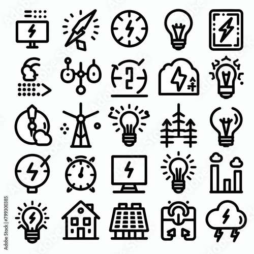 outline electrical energy icon set silhouette vector illustration white background, electrical energy, electricity. Outline icon collection