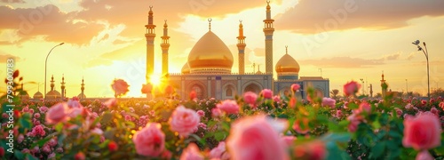 A serene sunrise over the sacred mosque of Karbala, with pink roses in full bloom and golden domes glowing under soft morning light photo