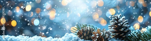 Christmas background with pine leaf and cones, snow. blur shiny lights on background. Merry Christmas