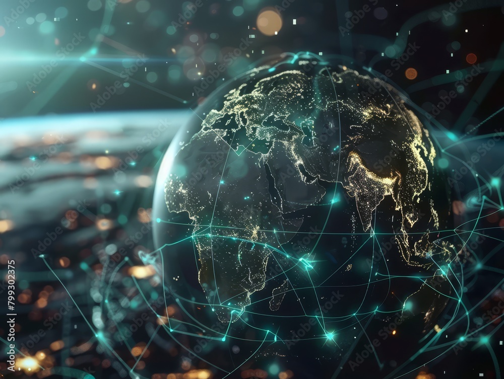 Obraz premium Global communication technology linking businesses worldwide through advanced telecommunication networks. Ideal for discussions on internet technology, business, and science.