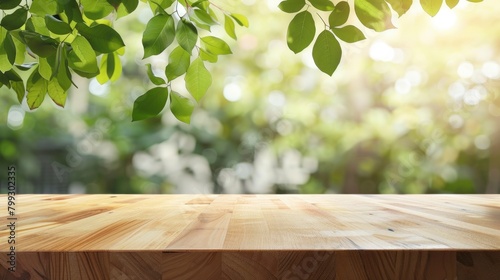 Empty beautiful wood tabletop counter on interior in clean, bright and blurred green tree leaves bokeh effect background ,