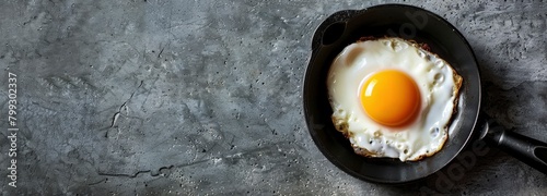 A single egg being sunny side up is seen inside the black frying pan placed against the gray stone surface of an outdoor kitchen area.