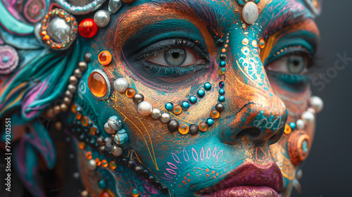 Woman Wearing Elaborate Carnival Decorations, Stage Make Up, Face Jewellery, Beads, Gemstones, Glitter, Paint. Artistic, Ornamental, Alien, Vibrant Neon Colours, Extravagant Beauty. Movie Theatre Play