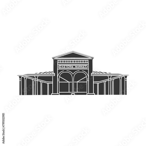 Detroit Eastern Market Icon Silhouette Illustration. Michigan Building Vector Graphic Pictogram Symbol Clip Art. Doodle Sketch Black Sign.