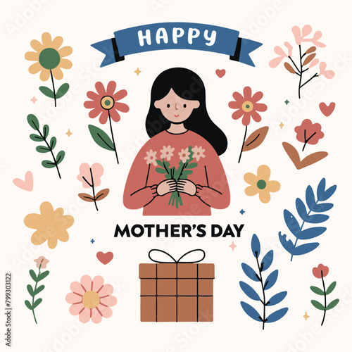 Mothers day set with mom and daughter, calligraphy text, carnation flowers. Hand drawn vector illustration.
