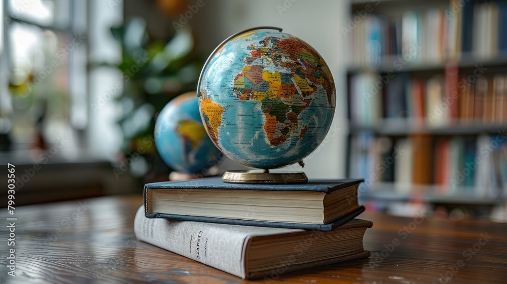 a stack of white books with an earth globe placed on top, set against a neutral gray background, the foreground is blurred to draw focus to the books and globe. a stack of white books with an earth globe placed on top, set against a neutral gray background, the foreground is blurred to draw focus to the books and globe.
