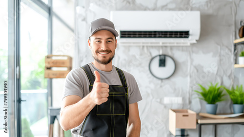 Professional technician in overalls smiles and shows a thumbs up against the background of a light wall in an air conditioner. Maintenance and repair of air conditioners in the office. 