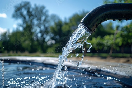 The water flow is visible as it flows down to land through a black metal pipe.