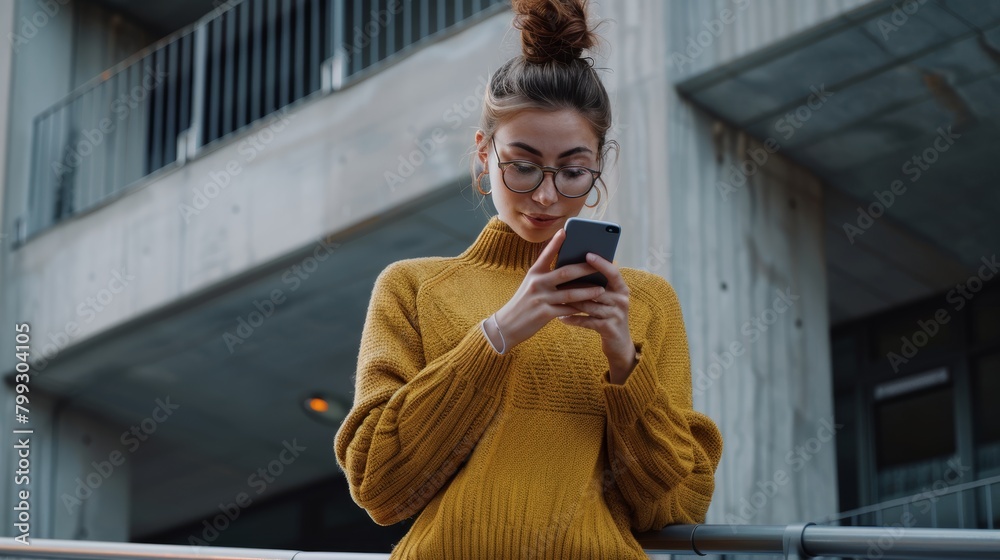 Fototapeta premium Woman, phone and texting at workplace, thinking and calm while searching and reading online. Asian lady company entrepreneur in Japan with smartphone for research, office space, or idea.