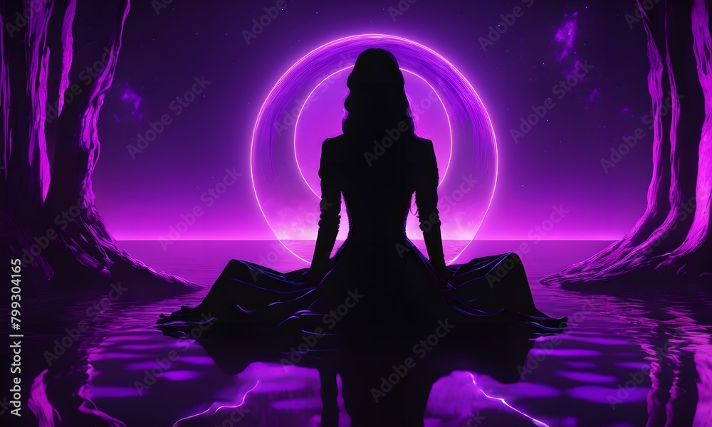 Screen fobd representing a black decor with the silhouette of a beautiful woman with long hair. purple illuminated shade